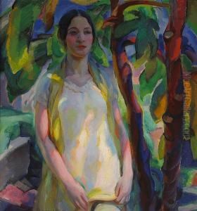 A Standing Woman In A White Dress by Edouard Vysekal