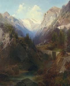 Alpenlandschaft Mit Dampflokomotive. by Adalbert Waagen