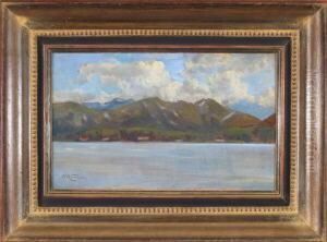 Blick Uber Einen See In Alpiner Landschaft Mit Einigen Hausern Am Ufer by Adalbert Waagen