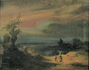 Dramatische Nachtlandschaft Mit Figurenstaffage. by Ferdinand Wachsmuth