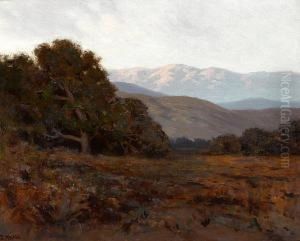 Shadowy Hills With Sunlit Mountains In The Distance by Elmer Wachtel