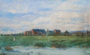 Rural Landscape With Cottages, And Young Ladyby A River by Thomas Wade