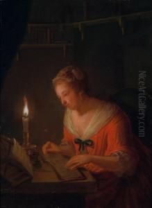 Una Giovane Donna Legge Nella Sua Biblioteca A Lume Di Candela by Dominicus Gottfried Waerdigh