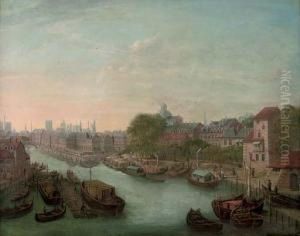 View Of A European City, With Boats On A Canal by Dominicus Gottfried Waerdigh