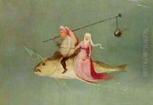 The Temptation of St. Anthony, right hand panel (detail of a couple riding a fish) by Hieronymous Bosch