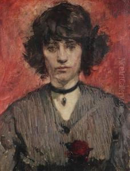 Portret Van Een Dame Met Roos Op Rode Fond - view 1