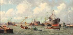 Vrachtschepen In De Haven Van Rotterdam Met Beurtschepen En Sleepboot by Pieter Johannes Al. Wagemans
