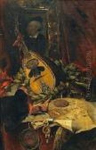 A Still Life With Musical Instruments And A Portrait Of Richard Wagner by Ferdinand Ii Wagner
