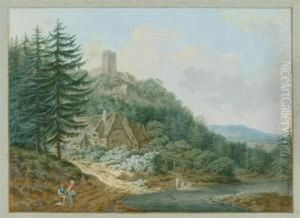 Forested Landscape By A River With Resting Peasants. Farm Andcastle Ruin In Background. by Johann Georg Wagner