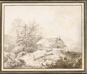 Un Paysage Montagneux Avec Une Chaumiere by Johann Georg Wagner