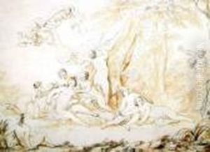 Badende Diana Mit Ihren Nymphen Von Zwei Satyrn Beobachtet by Johann Georg Wagner
