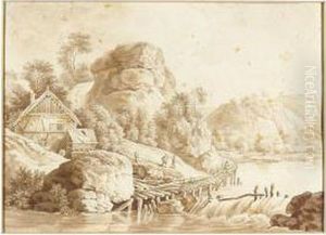 Landscape With A Cottage By A Small Waterfall by Johann Georg Wagner