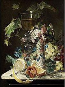 Stilleben Mit Weinpokal, Trauben Und Zitronen by Julius Wagner