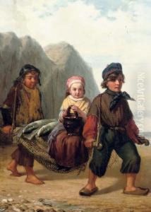 The Little Ones Bringing In The Catch by Julius Wagner