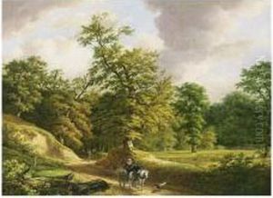 A Wooded Landscape With A Couple On A Horse-cart by Ludwig Christian Wagner