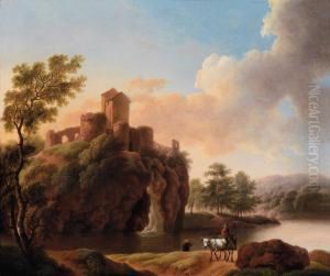 Coppia Di Paesaggi Fluviali Con Pastori Al Tramonto