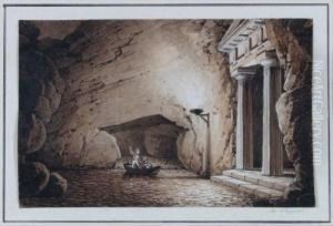 Fackelbeleuchtete Grotte Mit Tempel Und Kleinem Boot. by Otto Wagner