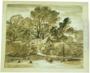 Veduta Della Riva Di Un Lago Con Bagnanti E Barche by Otto Wagner