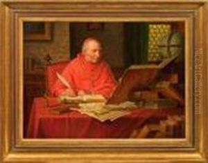 Schreibender Kardinalmit Buchern Und Urkunden In Seiner Studierstube by Josef Wagner-Hohenberg