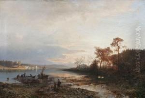 Skymningslandskap Med Figurer Vid Strand
