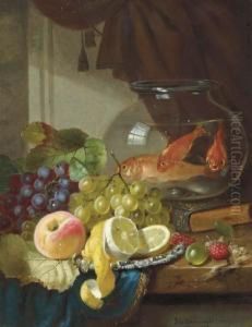 Still Life With Fruit And Goldfish In A Bowl On A Ledge