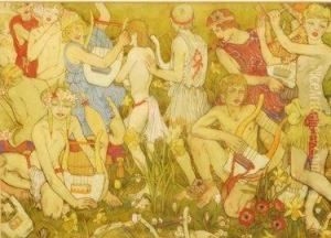 Young Boys In Classical Dress Playing Lyres To A Flowering Meadow Setting, by Albert Wainwright