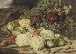Peonies, Fuschias And Ivy On A Sandy Bank