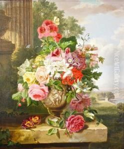 Still Life Of Roses And Other Flowers In Aclassical Urn, Before A Vista