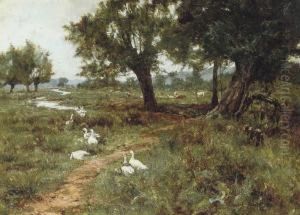 Geese And Cattle Beside A Stream by Edward Wilkins Waite