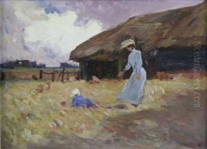 Farmyard With Mother And Child by Harold Waite