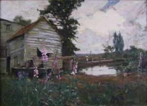 Canal Scene With House And Figure by Harold Waite