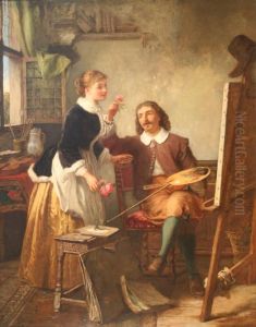 Cottage Interior Withan Artist At An Easel Offering A Young A Rose by James Clarke Waite