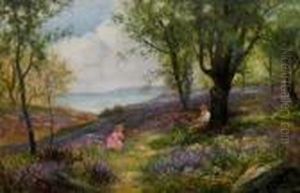 Children Picking Bluebells In A Coastal Landscape by Ernst Walbourn