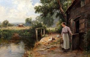 A Young Woman With Ducks By A Barn With Harvesting Beyond by Ernst Walbourn