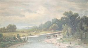 A California Landscape With Cattle Watering In A Stream by J. Walcom