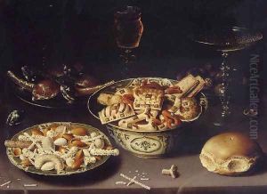 Quatre plats de friandises et de marrons avec troi verres by Osias, the Elder Beert