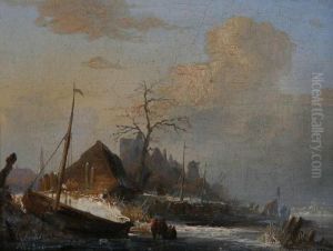 Bevroren Hollands Rivierlandschap Met Figuren Bij Houten Boot En Koek- En Zopie