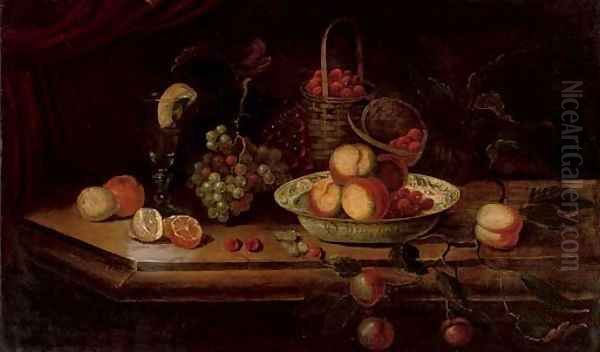 Peaches and berries in a Wanli kraak porcelain bowl with grapes, a peeled lemon and orange, a roemer and a basket of strawberries on a ledge - view 1