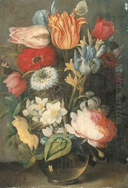 Tulips, roses, lilies, irises and other flowers in a glass vase on a ledge with butterflies - view 1