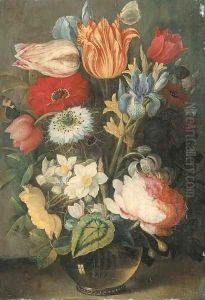 Tulips, roses, lilies, irises and other flowers in a glass vase on a ledge with butterflies