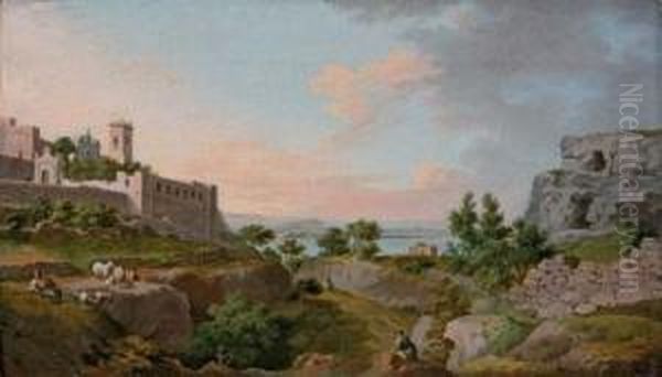 An Italianate Landscape With A Monastery, Herders In The Foreground - view 1