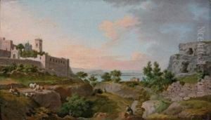 An Italianate Landscape With A Monastery, Herders In The Foreground