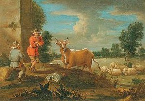 Figures, Cattle And Sheep By Moonlight - view 1