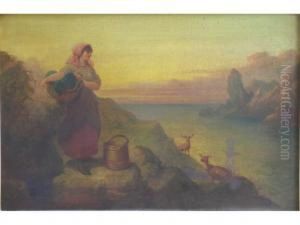 Scottish Landscape With Ladycarrying Basket On Craggy Path Beside Loch by E.A. Walker