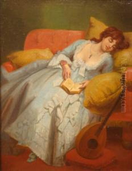 'in Dreamland' - A Young Lady Wearing A Pale Blue Dress Asleep On Asofa, Holding An Open Book In Her Lap And A Lute Resting Besideher - view 1