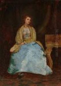 A Lady Wearing A Blue And Yellow Dress, Holding A Fan by John Eaton Walker