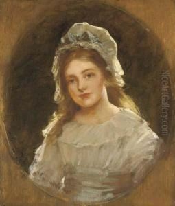 Portrait Of A Girl, Possibly The Artist's Daughter Dorothy, Half-length, Wearing A White Dress And Bonnet, And A Blue Sash by John Hanson Walker