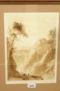 Figures On A Ledge, A Castle On A Hill Side Beyond