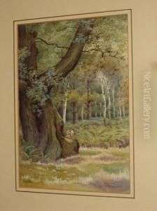 Woodland With Squirrel Seated By A Tree by Robert Hollands Walker