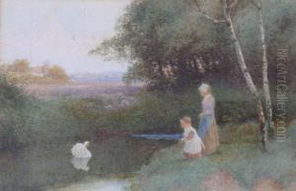Children On The Riverbank With Swan - view 1